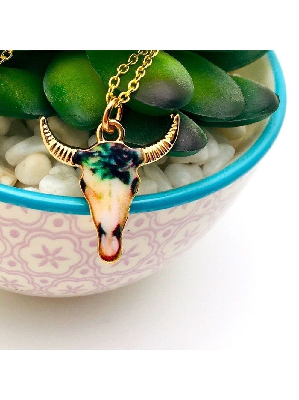 Gold Dipped Floral Skull Necklace with Bison Horns